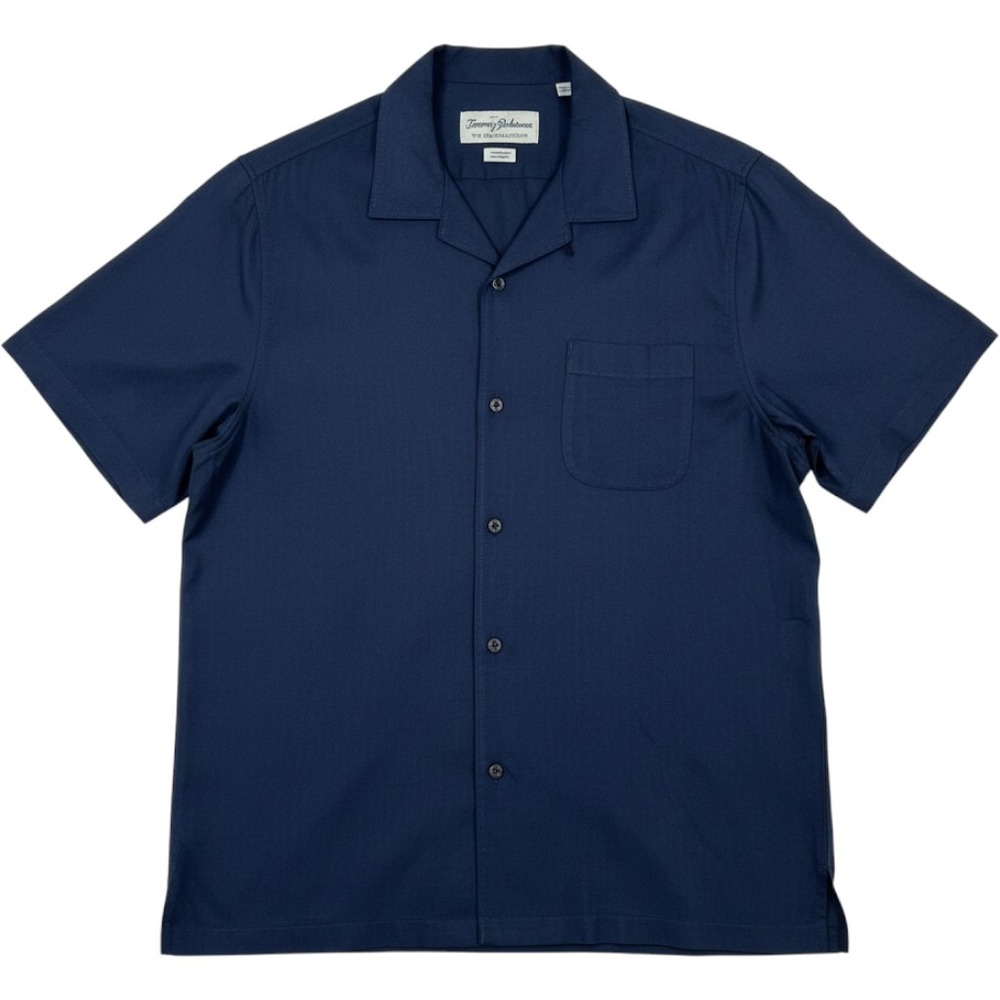 Tommy Bahama Silk Collection Camp Shirt Mens L Navy Blue Jacquard Tropical Aloha